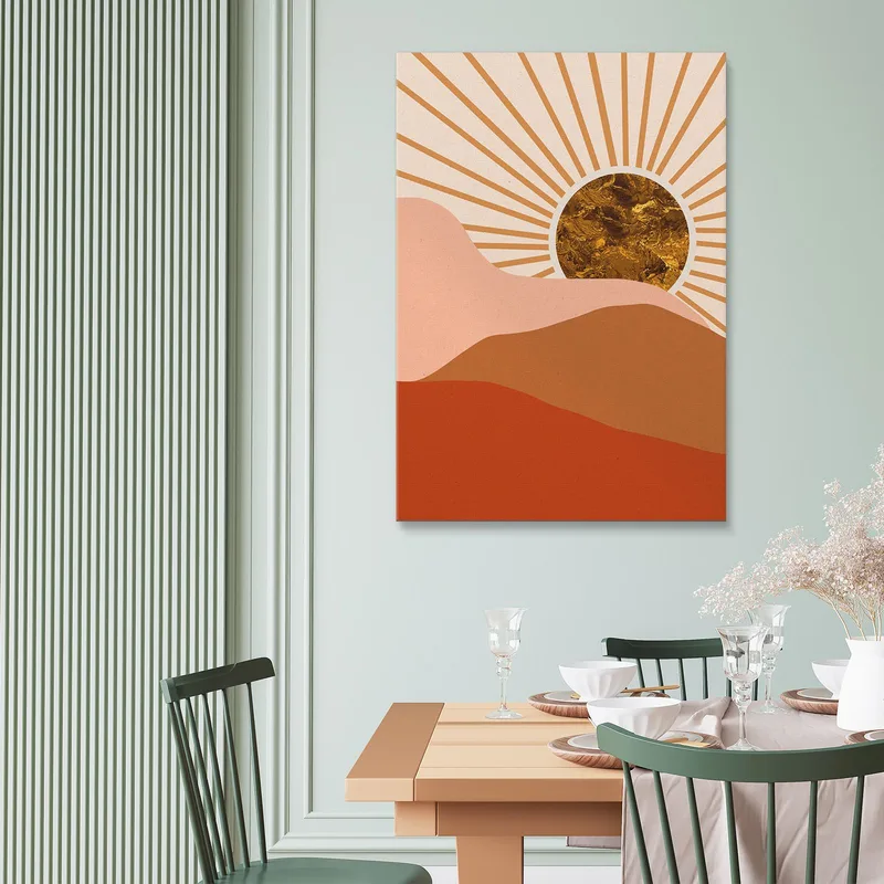 Quadro Boho Chic Minimal Alba Con Sole Dorato E Colline Arancione