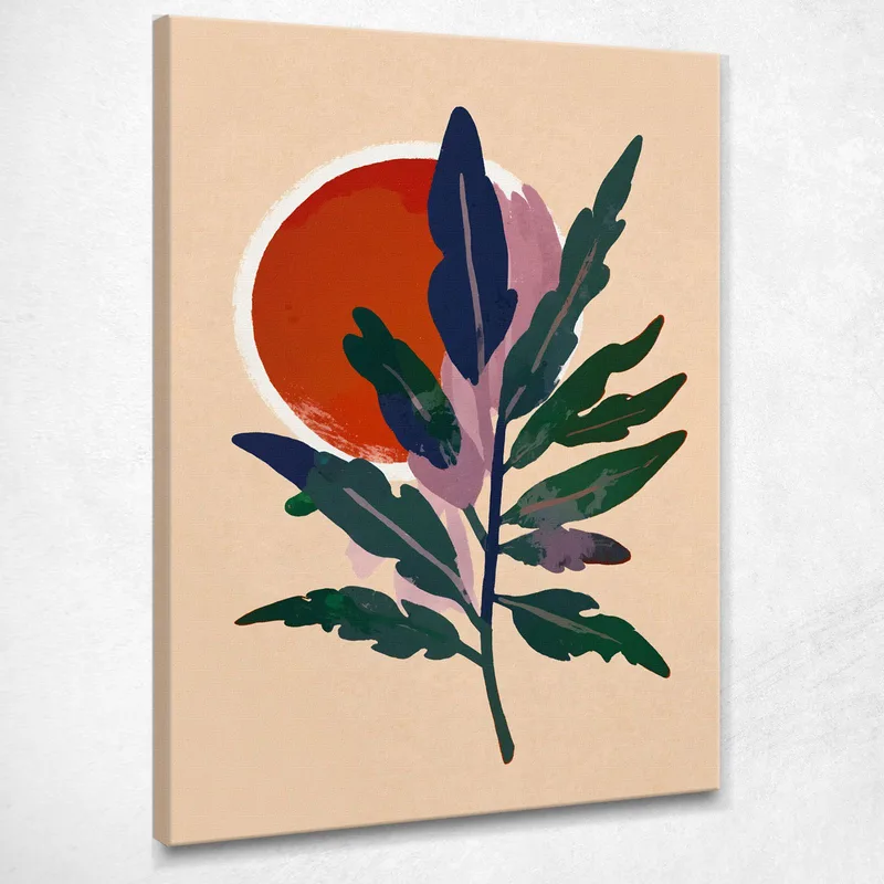 Boho Chic Minimal Framework Abstract Illustration Green Leaves With Orange Sun canvas print