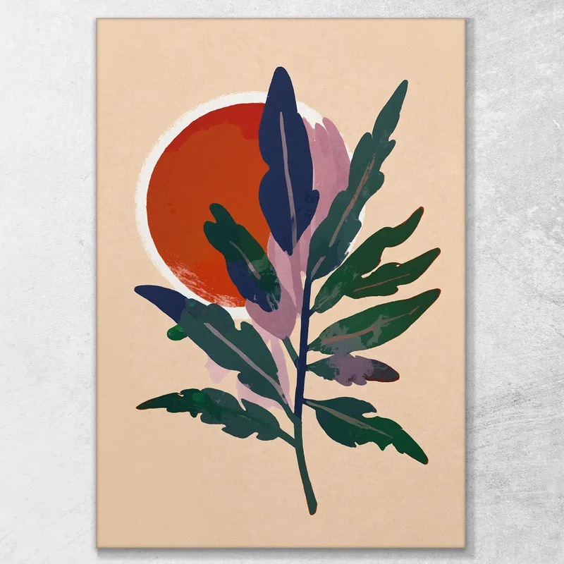 Quadro Boho Chic Minimal Illustrazione Astratta Foglie Verdi Con Sole Arancione