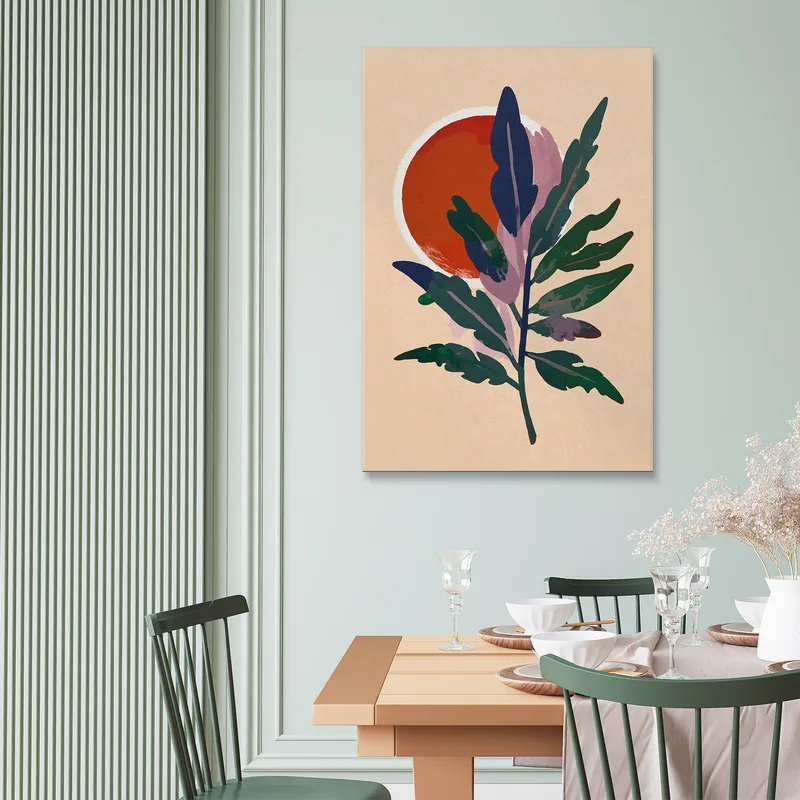 Quadro Boho Chic Minimal Illustrazione Astratta Foglie Verdi Con Sole Arancione