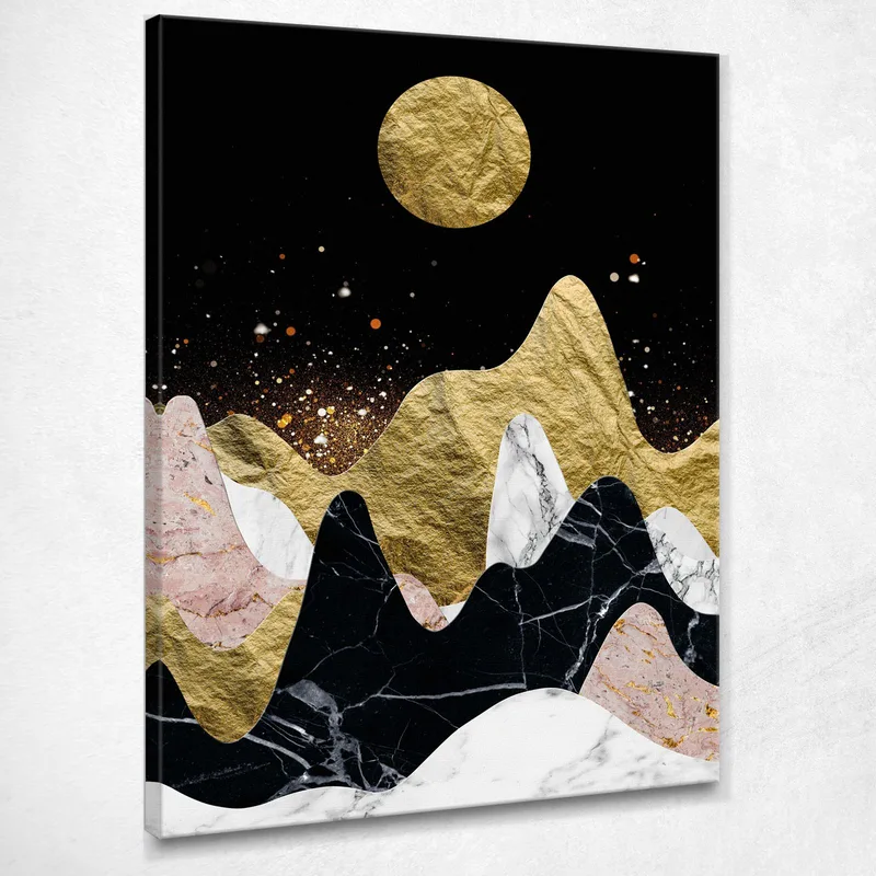 Boho Chic Minimal Painting Marble Mountains With Golden Moon canvas print