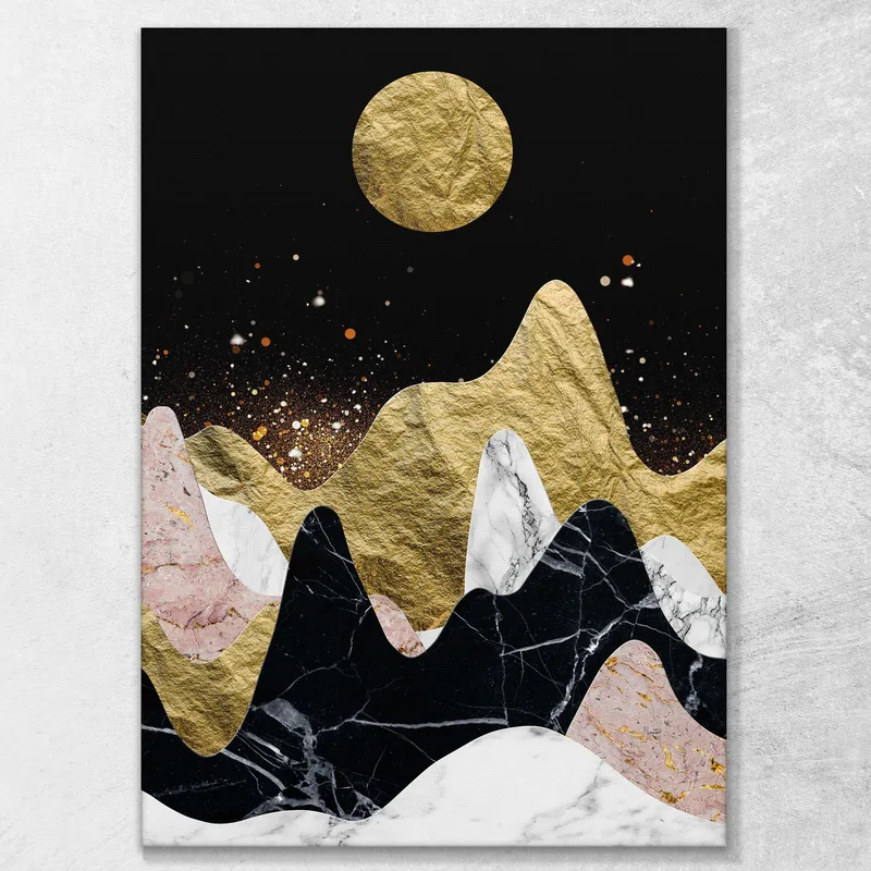 Quadro Boho Chic Minimal Montagne Di Marmo Con Luna Dorata