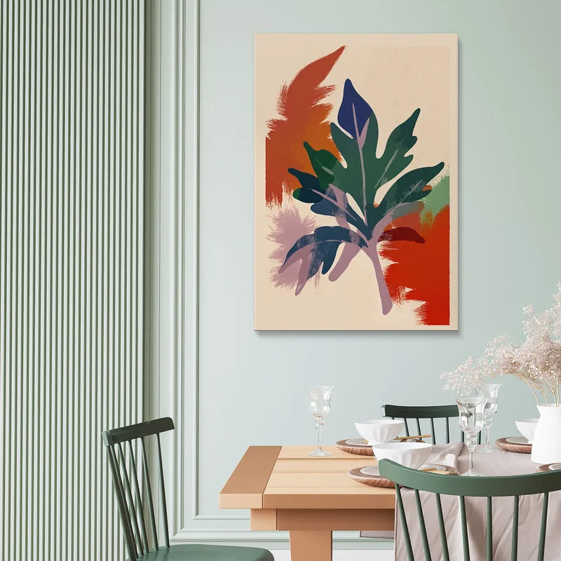 Quadro Boho Chic Minimal Motivo Botanico Con Foglie Verdi E Sfondo Colorato