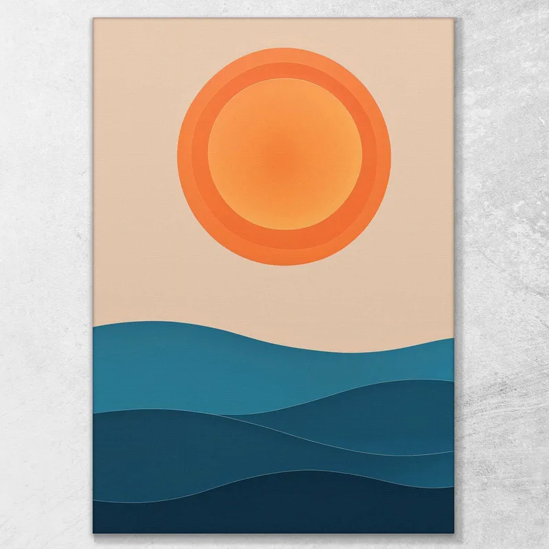 Quadro Boho Chic Minimal Onde Blu Sotto Un Sole Arancione