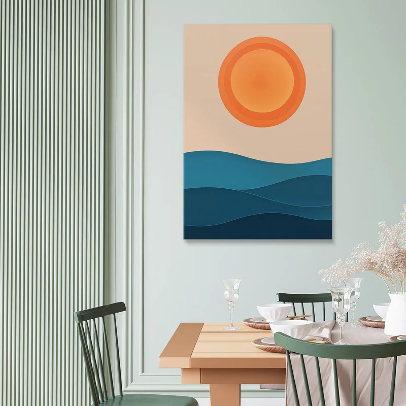 Quadro Boho Chic Minimal Onde Blu Sotto Un Sole Arancione