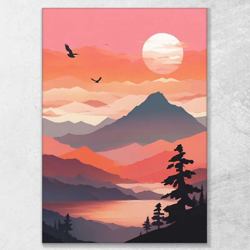 Boho Chic Minimal Painting Mountainous Landscape At Sunset