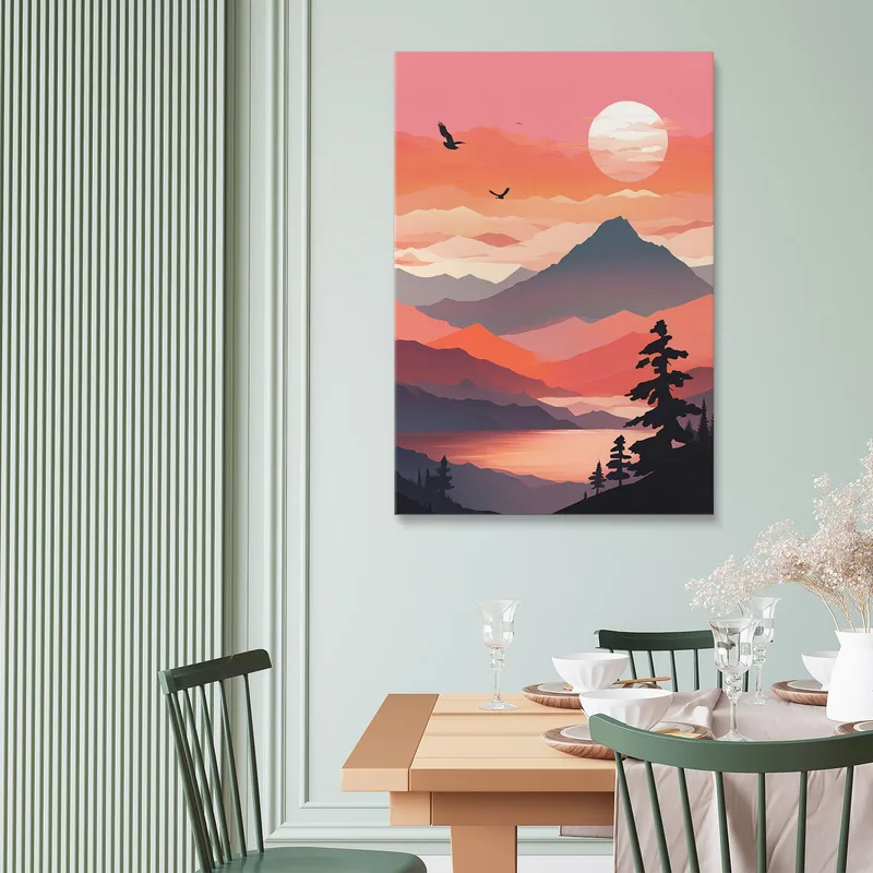 Boho Chic Minimal Painting Mountainous Landscape At Sunset