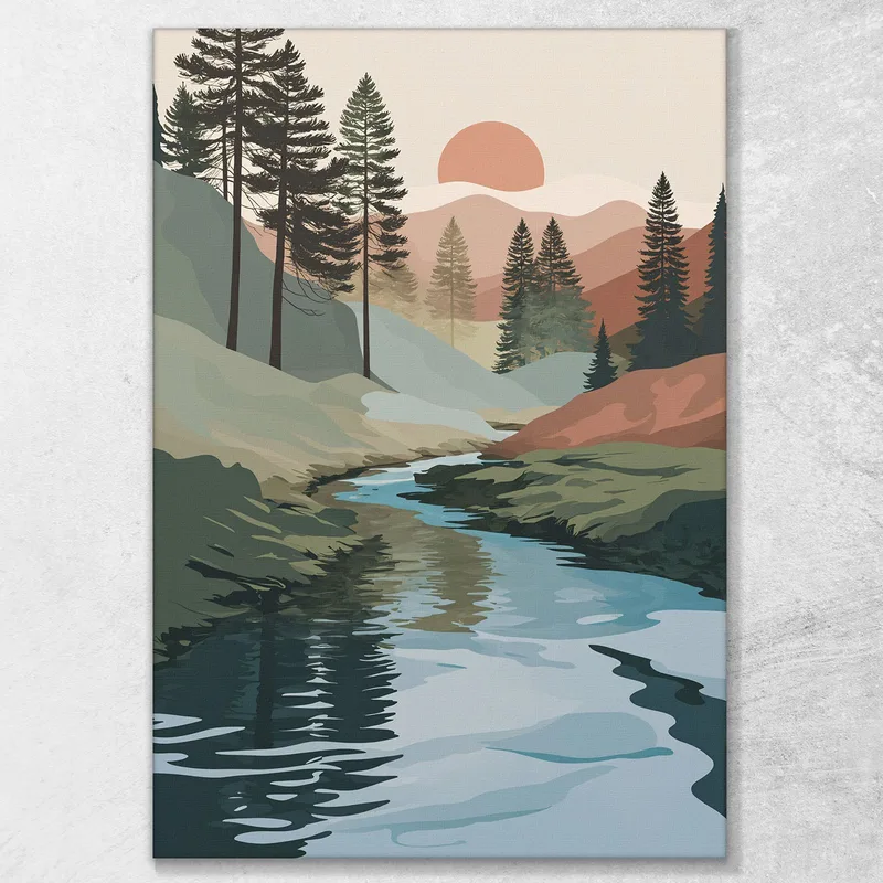 Boho Chic Minimal Framework Natural Landscape With River Pines And Mountains