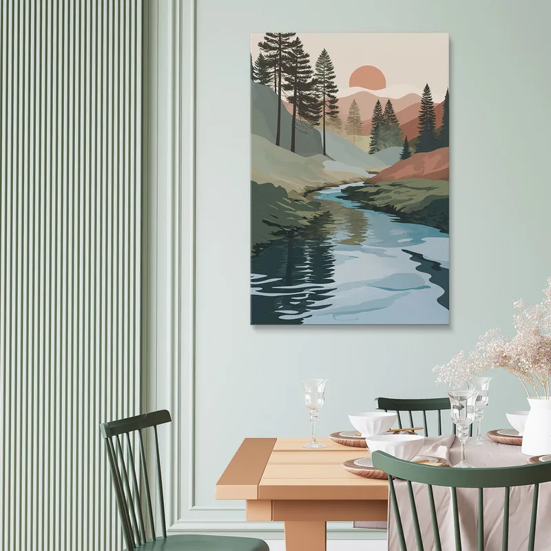 Boho Chic Minimal Framework Natural Landscape With River Pines And Mountains