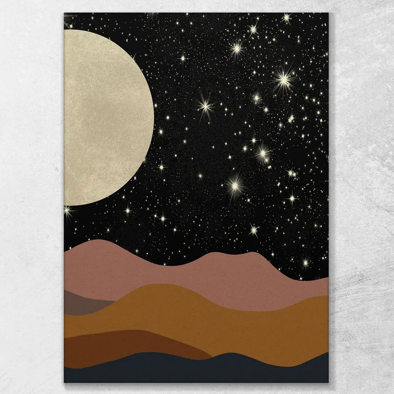 Quadro Boho Chic Minimal Paesaggio Notturno Con Luna E Stelle