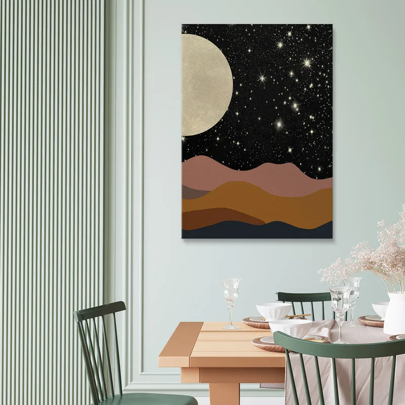 Quadro Boho Chic Minimal Paesaggio Notturno Con Luna E Stelle