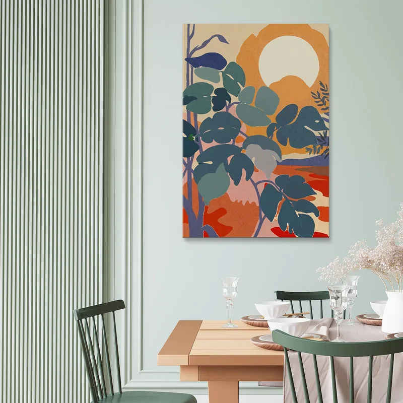 Quadro Boho Chic Minimal Paesaggio Tropicale Con Foglie Verdi E Sole Arancione