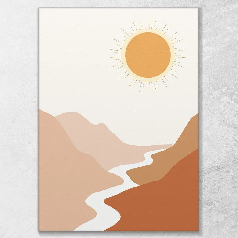 Boho Chic Minimal Painting Sunset On The River In The Mountains