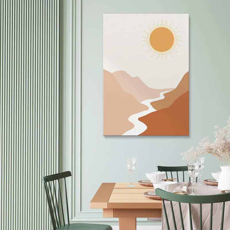 Boho Chic Minimal Painting Sunset On The River In The Mountains