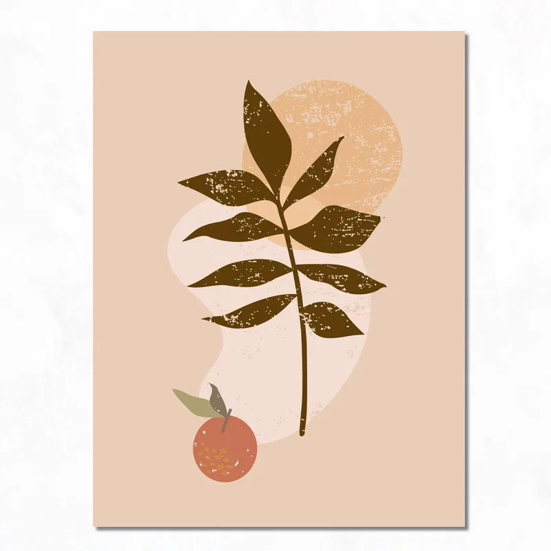 Toile artistique feuille botanique minimaliste avec accent orange