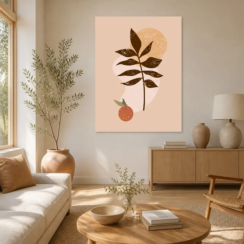 Toile artistique feuille botanique minimaliste avec accent orange
