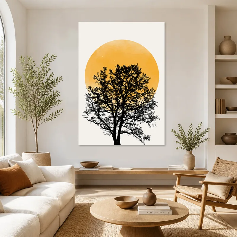 Albero Silhouette Contro Sole Arancione quadro moderno su tela