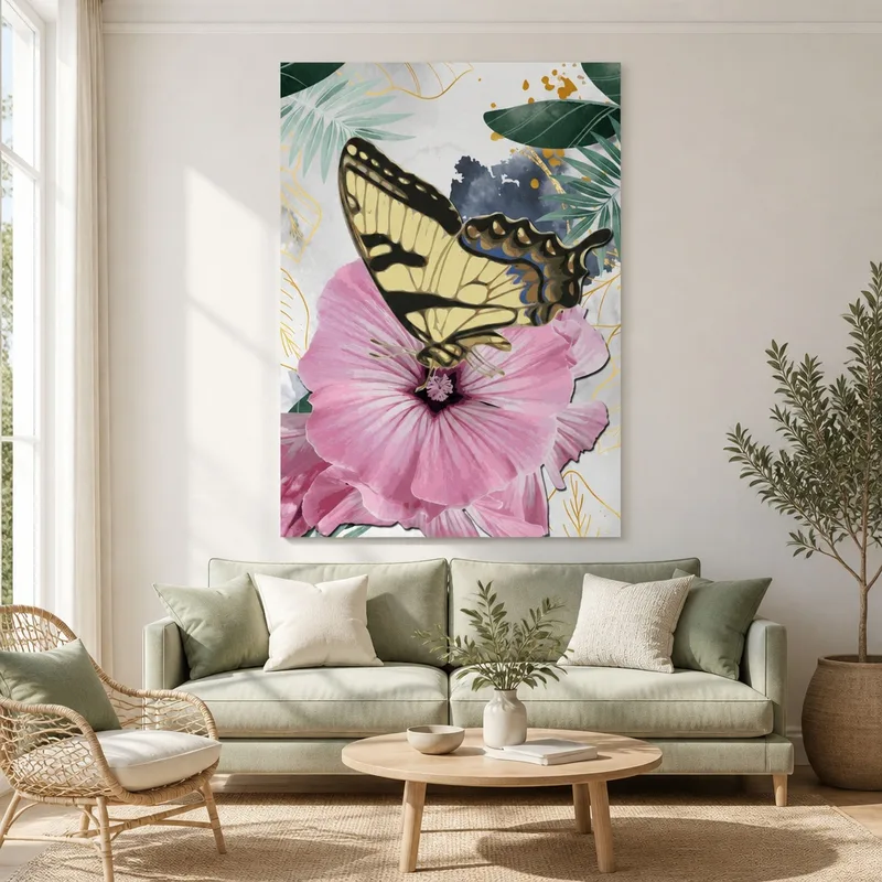 Farfalla su Ibisco Rosa quadro canvas