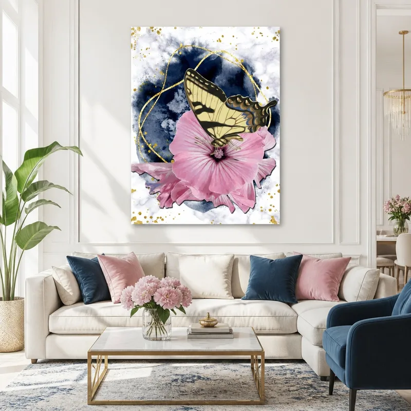 Quadro moderno farfalla su ibisco rosa