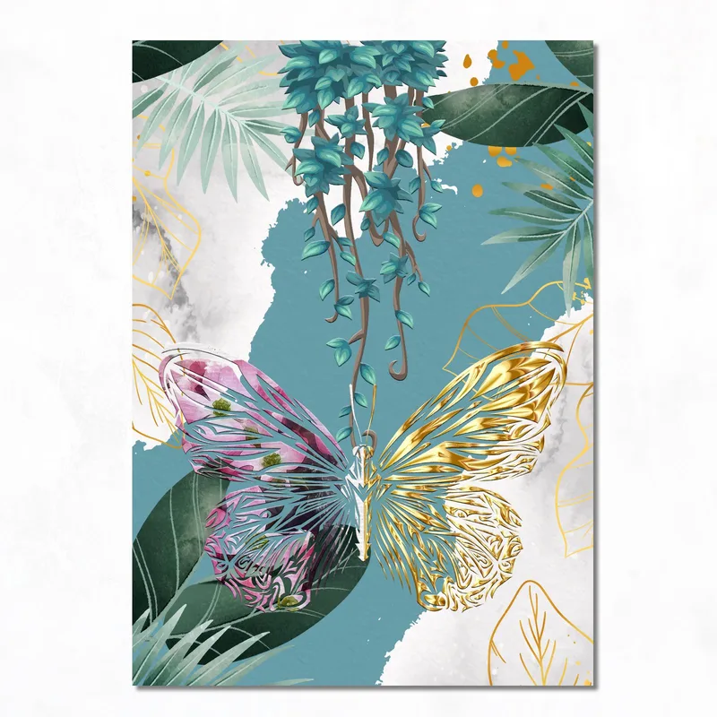 Stampa su canvas farfalla botanica in oro e rosa