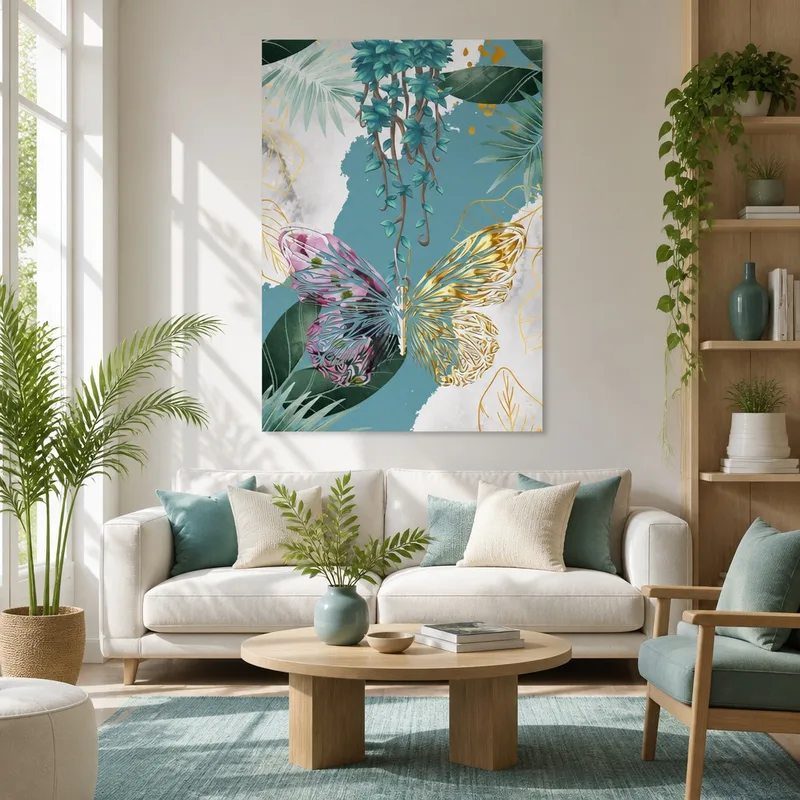 Stampa su canvas farfalla botanica in oro e rosa