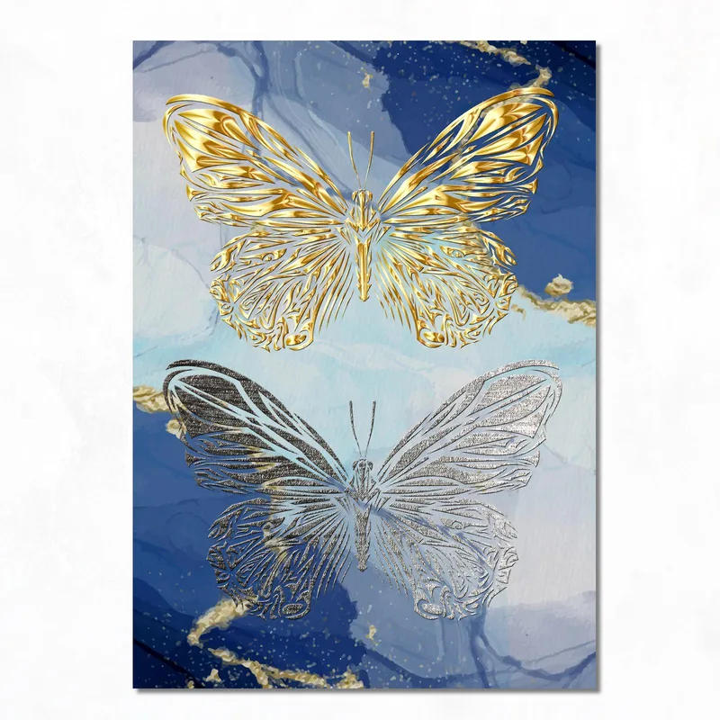 Quadro su tela farfalle oro e argento su blu