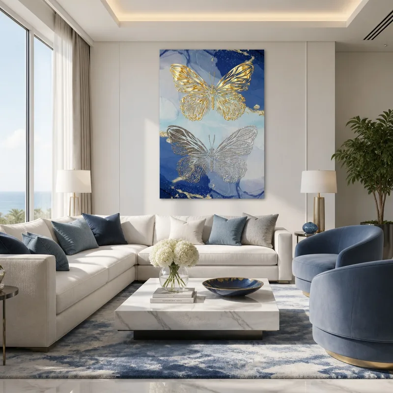 Quadro su tela farfalle oro e argento su blu
