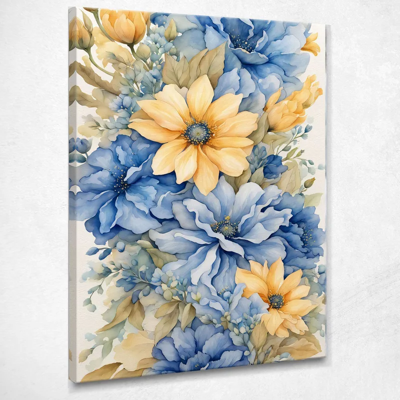 Modern Botanical Painting Bouquet Of Blue And Yellow Flowers In Watercolor canvas print