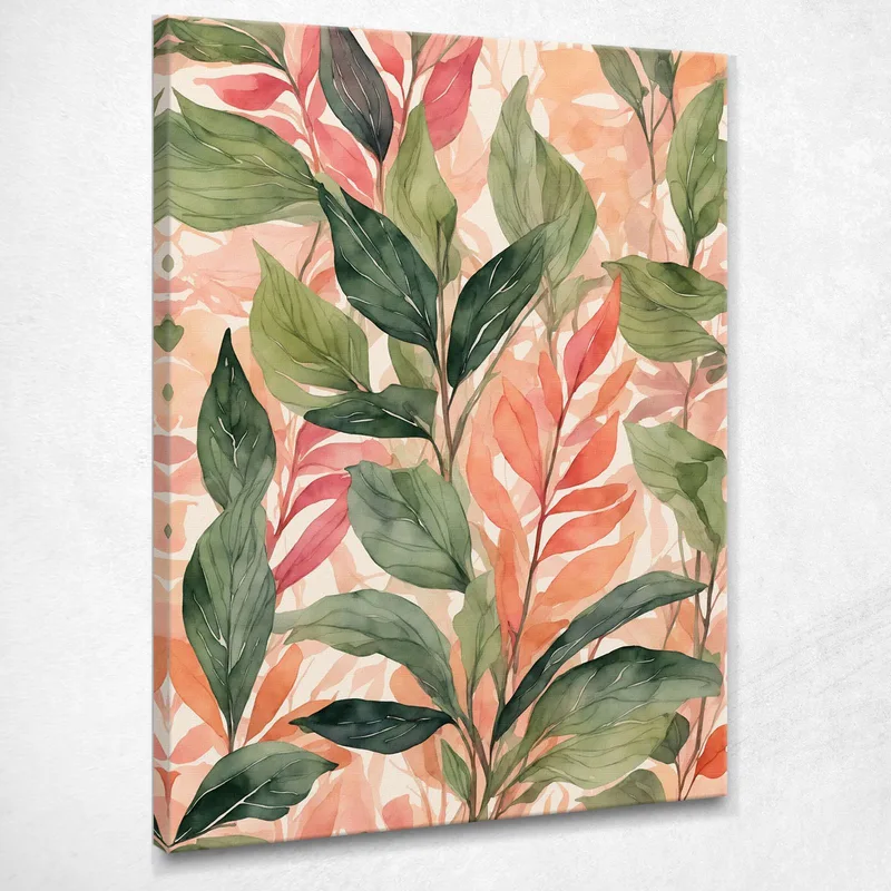 Modern Botanical Painting Composition Of Green And Red Leaves In Watercolor canvas print