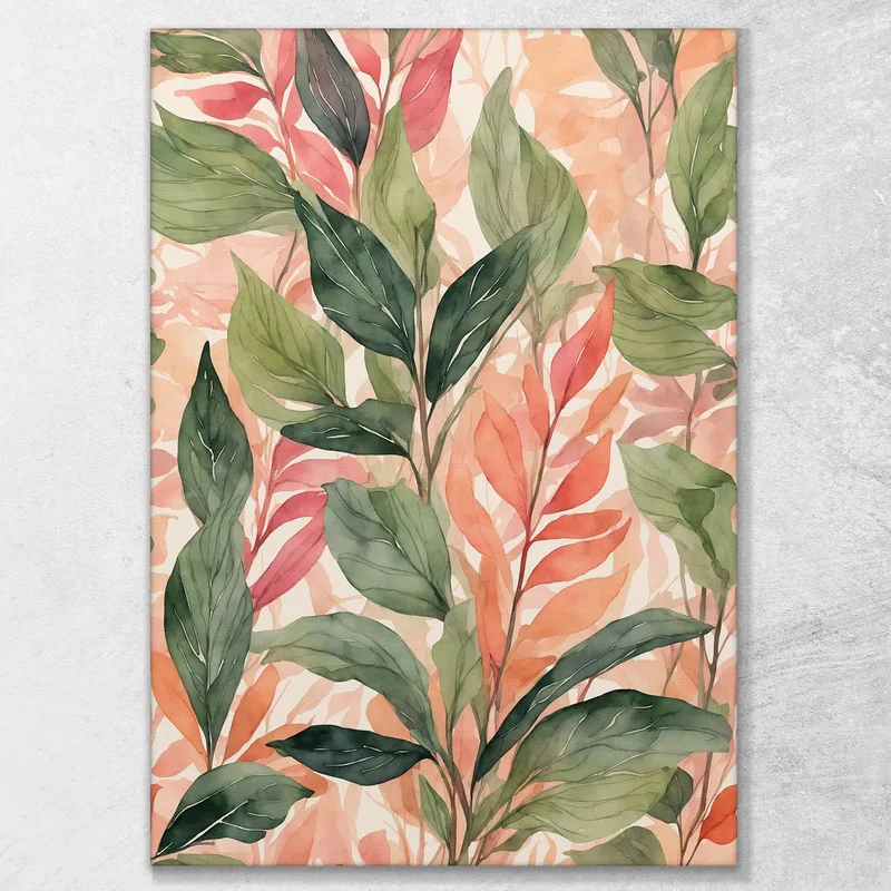 Quadro Botanico Moderno Composizione Di Foglie Verdi E Rosse In Acquerello