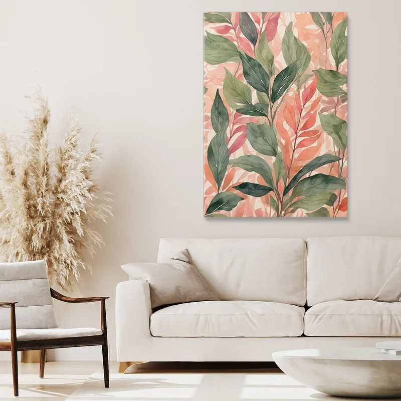 Quadro Botanico Moderno Composizione Di Foglie Verdi E Rosse In Acquerello