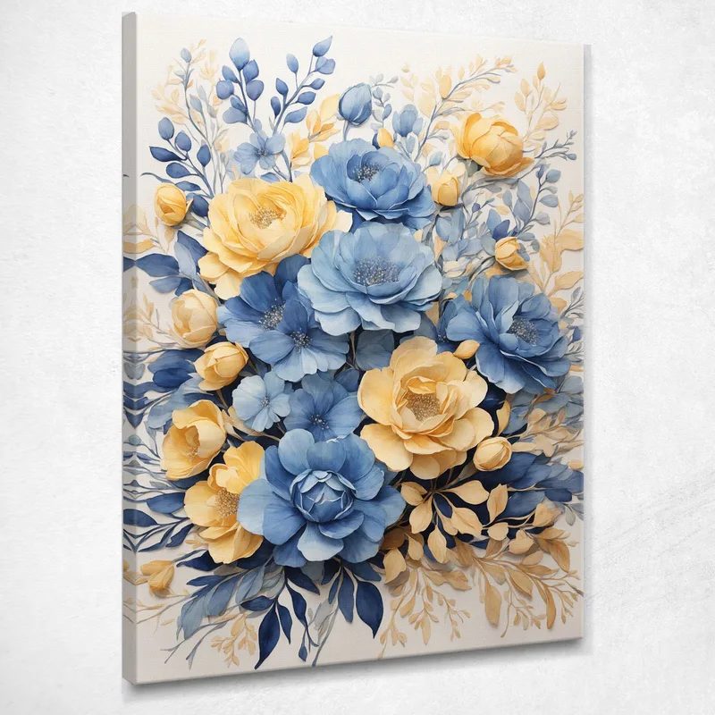 Modern Botanical Framework Blue And Yellow Floral Composition canvas print