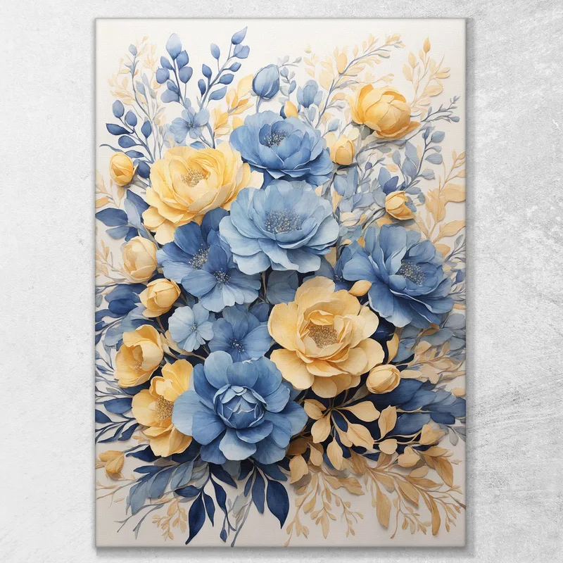Quadro Botanico Moderno Composizione Floreale Azzurro E Giallo