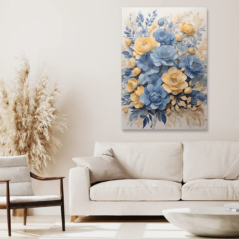 Quadro Botanico Moderno Composizione Floreale Azzurro E Giallo