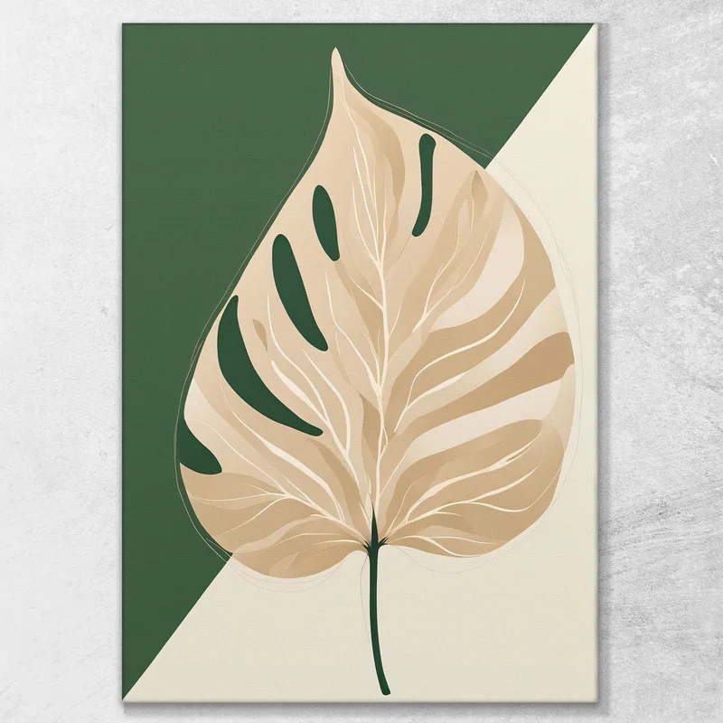 Quadro Botanico Moderno Composizione Minimalista Foglia Solitaria Verde E Beige