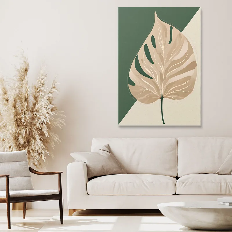 Quadro Botanico Moderno Composizione Minimalista Foglia Solitaria Verde E Beige