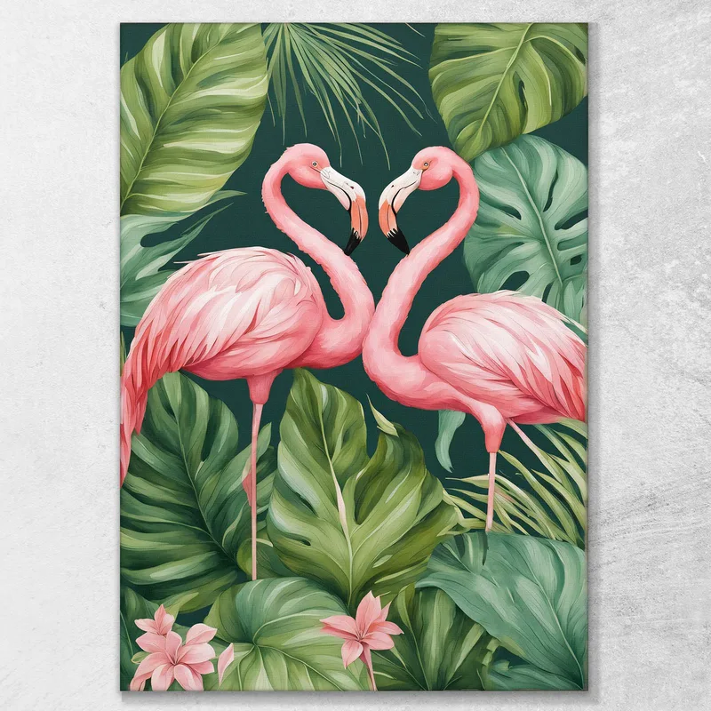 Quadro Botanico Moderno Coppia Di Fenicotteri Innamorati Tra Foglie Verdi Che Formano Un Cuore