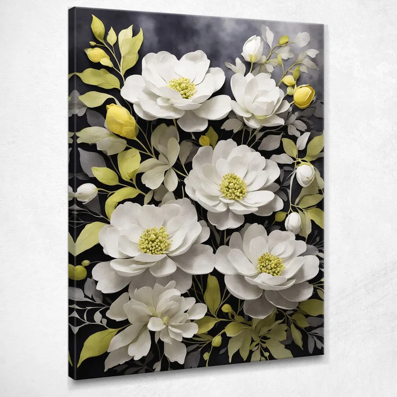Modern Botanical Elegance Painting Of White Flowers On A Dark Background canvas print