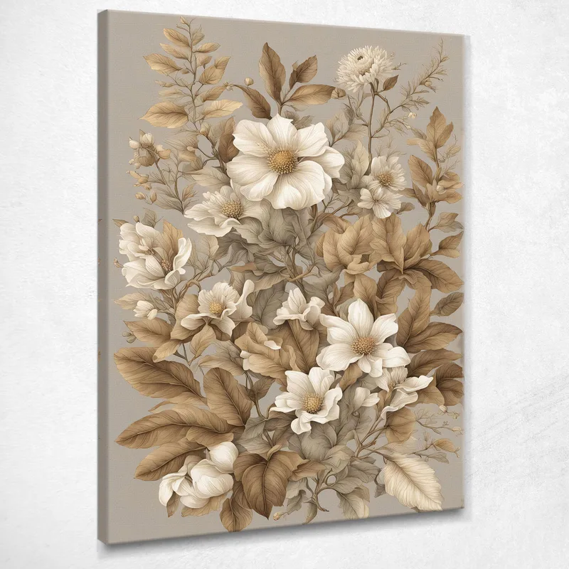 Modern Botanical Painting Flowers And Leaves In Shades Of Beige canvas print