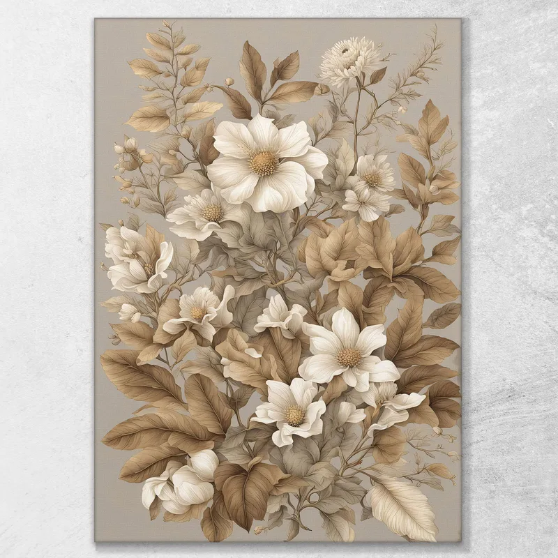 Quadro Botanico Moderno Fiori E Foglie In Sfumature Di Beige