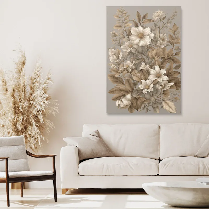 Quadro Botanico Moderno Fiori E Foglie In Sfumature Di Beige