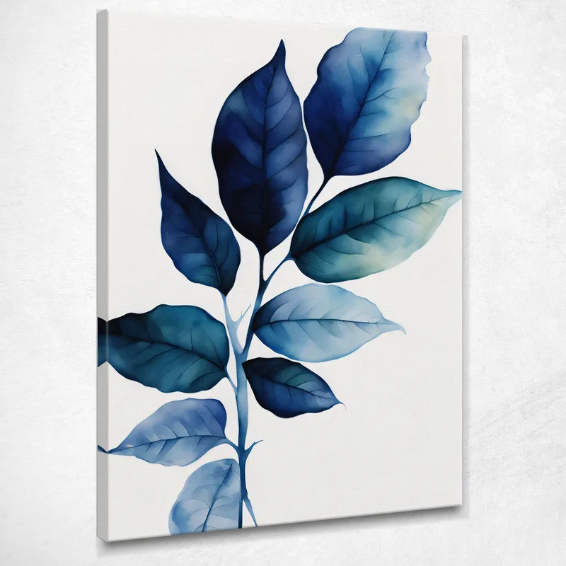 Modern Botanical Painting Blue Leaves Aquatic Shades canvas print