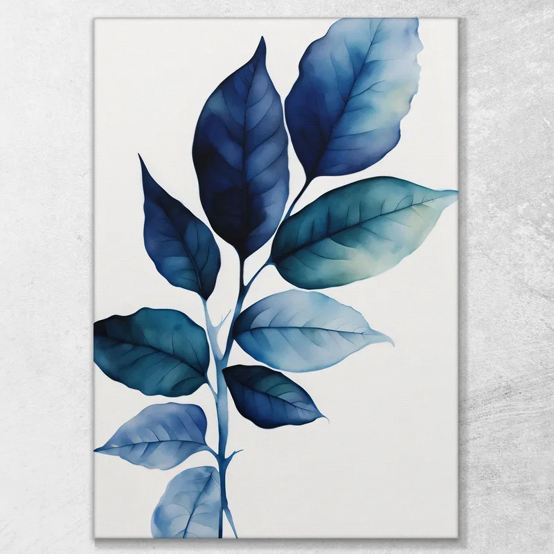 Pintura Botánica Moderna Hojas Azules Tonos Acuáticos