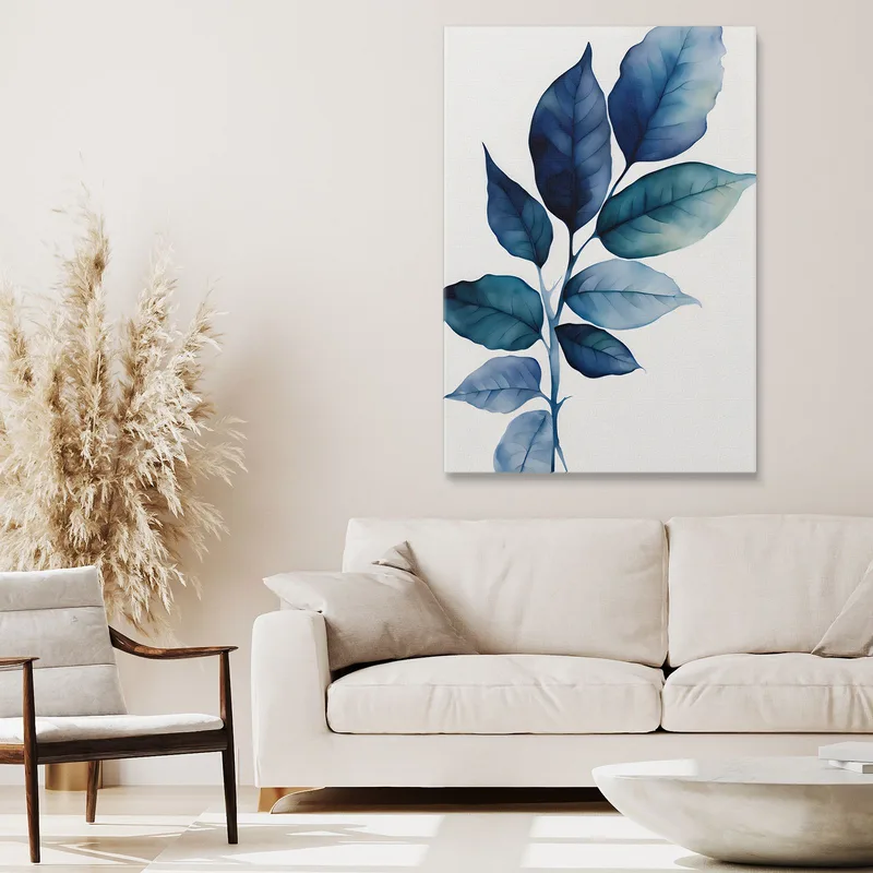 Pintura Botánica Moderna Hojas Azules Tonos Acuáticos