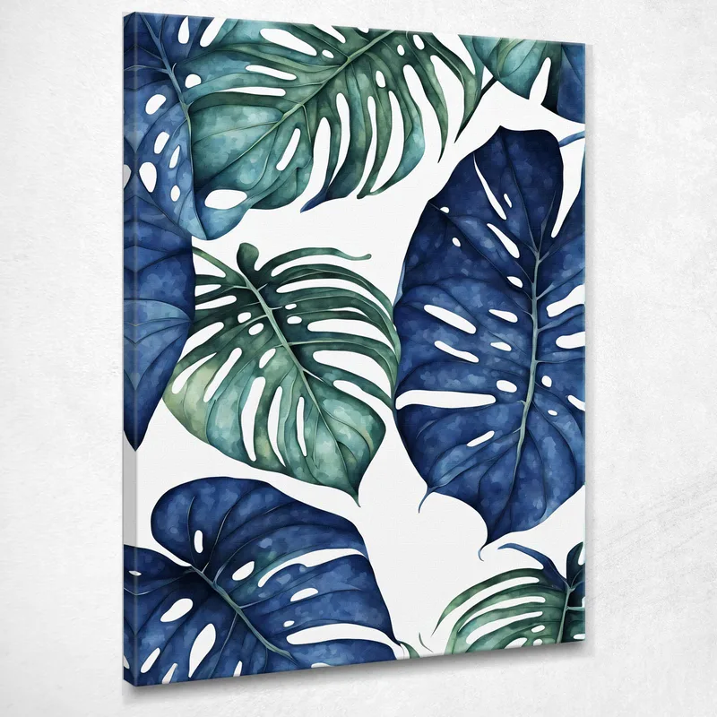 Modern Botanical Painting Monstera Leaves In Blue And Green Tones canvas print
