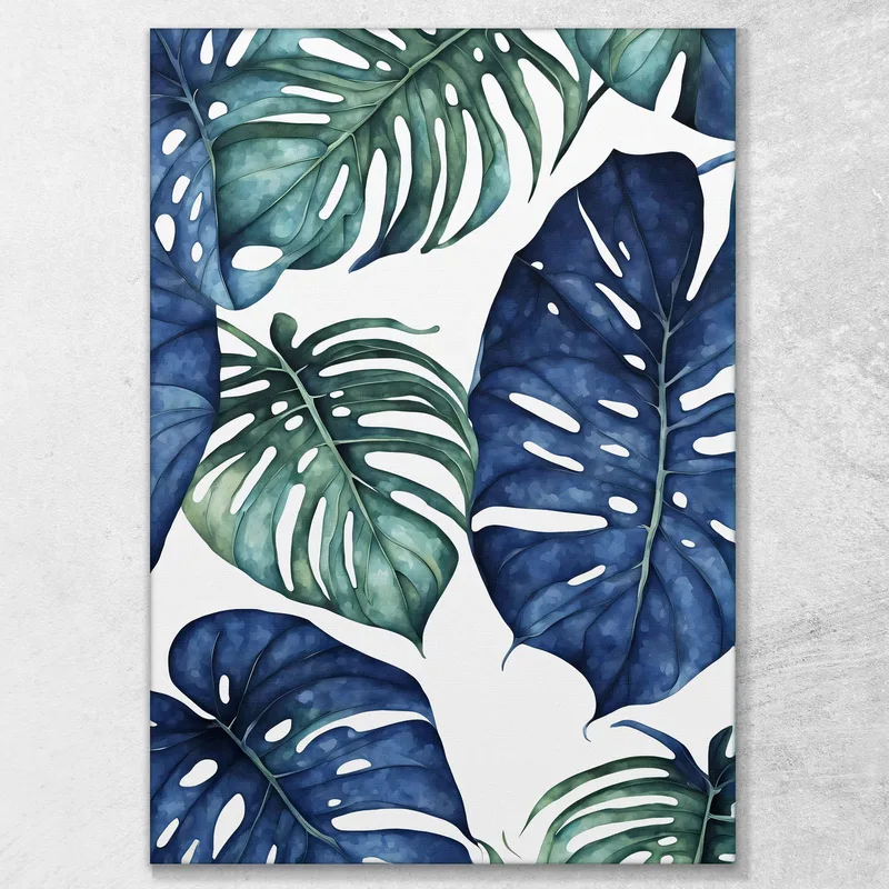 Peinture Botanique Moderne Feuilles De Monstera Dans Les Tons Bleus Et Verts