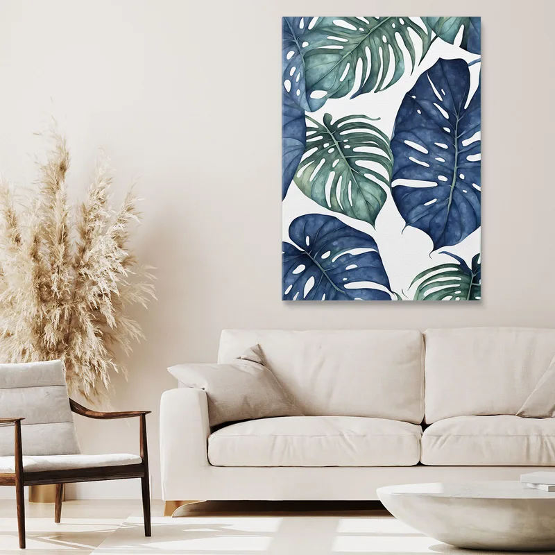 Peinture Botanique Moderne Feuilles De Monstera Dans Les Tons Bleus Et Verts