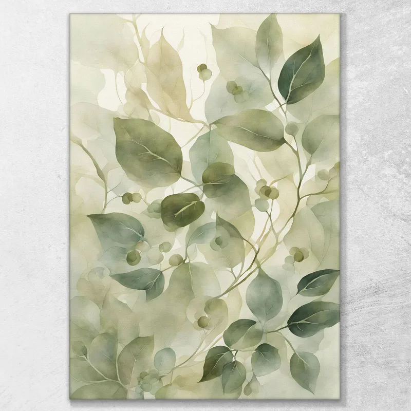 Quadro Botanico Moderno Foglie E Bacche In Tono Verde E Beige