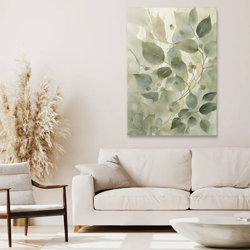 Quadro Botanico Moderno Foglie E Bacche In Tono Verde E Beige