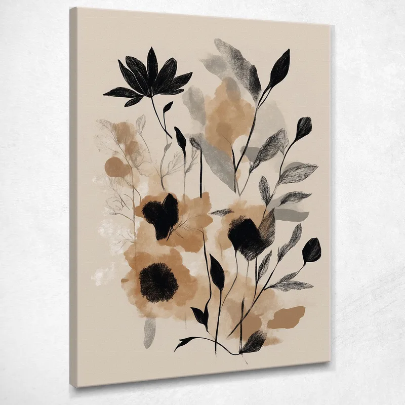 Modern Botanical Painting Minimalist Leaves And Flowers, Sand Color canvas print